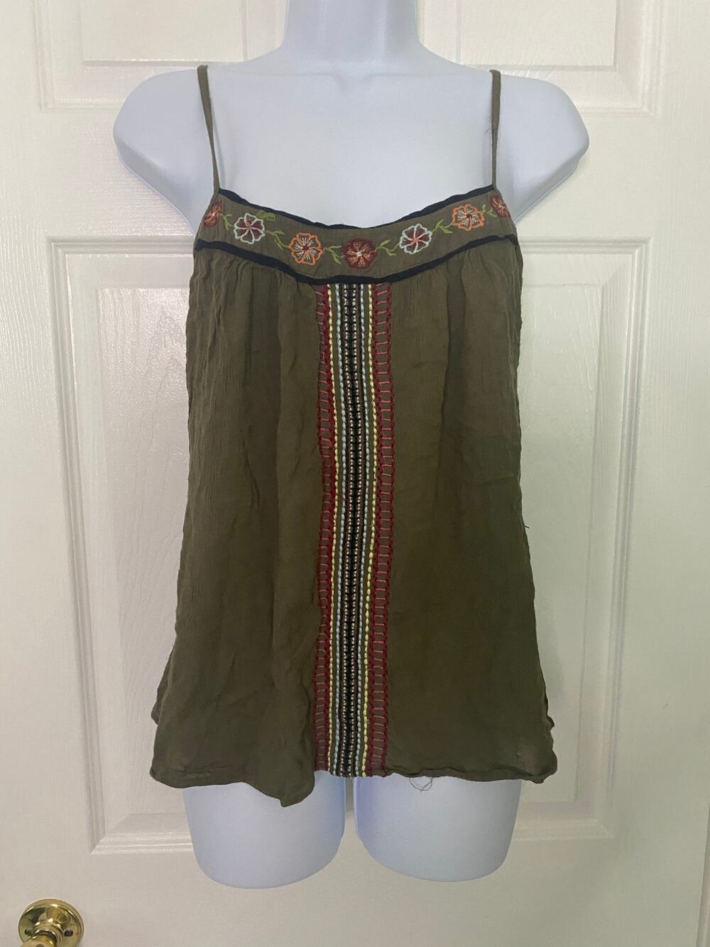 Charlotte Russe  Y2K Olive Green Embroidered Spaghetti Strap Flowy Camisole  XS